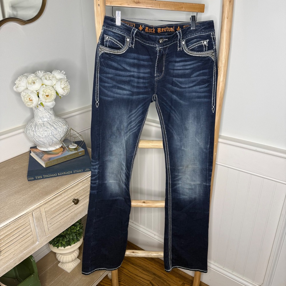 Rock Revival Eleanor E4 Easy Boot Jeans Dark Wash Whiskered Size 30